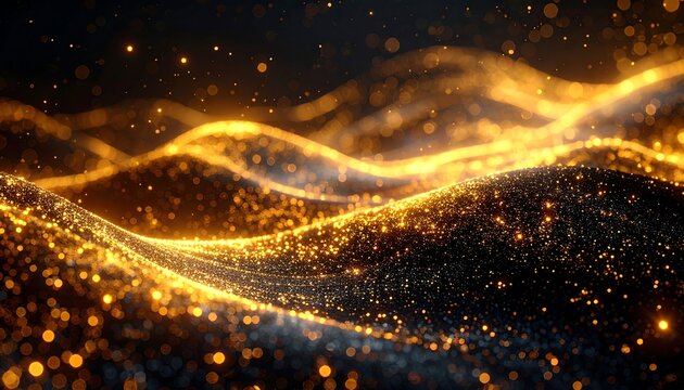 Abstract golden particles flow across a dark backdrop, creating a dynamic and sparkling wave-like formation. The overall feel is mystical and ethereal