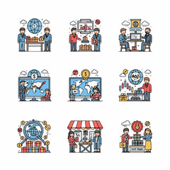 Collection of Global Business, Finance, and International Trade Concept Icons featuring Stock Market Analysis, Logistics, E-commerce, and Fair Trade.