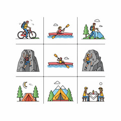 Outdoor Adventure and Tourism Line Art Icons Set, featuring Cycling, Kayaking, Hiking, Rock Climbing, and Camping illustrations on a white background.