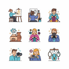 Collection of flat-style icons illustrating diverse creative hobbies, skills, and handmade activities like painting, knitting, photography, and jewelry making.