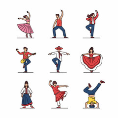 Diverse set of dancing styles icons, featuring ballet, folk, breakdance, and contemporary performance illustrations.