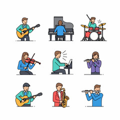 Set of vector icons featuring musicians playing classical and popular musical instruments including piano, guitar, drums, violin, flute, and saxophone.