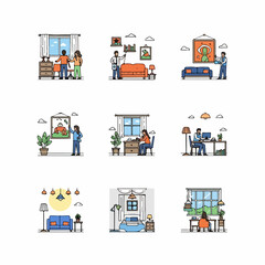 Collection of illustrations showing people decorating, working remotely, and setting up various cozy domestic interior scenes and living spaces.