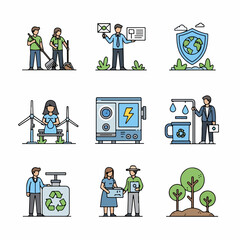 Outlined Vector Icons for Ecology, Sustainability, and Green Business, featuring symbols for Recycling, Conservation, Renewable Energy, and Earth Protection.