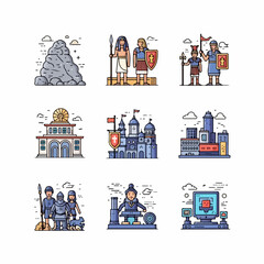 Outline vector icon set depicting the timeline of human civilization, history, and technological progress, from antiquity to the digital age.