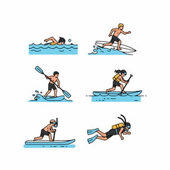 Water Sports and Aquatic Activities Icon Set: Swimming, Surfing, Paddleboarding, Snorkeling, and Scuba Diving Illustrations.