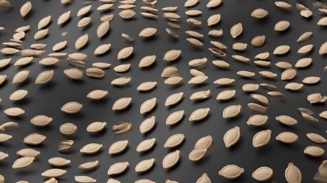 Abstract animation of numerous stylized pumpkin seeds seamlessly looping and flowing in a dynamic undulating pattern across a smooth monochromatic background flow, geometric, texture