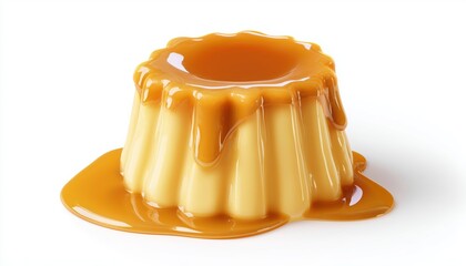 Creamy Custard Pudding With Rich Caramel Glaze, Presented In Isolation On A White Background With A Slight Reflection. A Hint Of Water Adds Elegance.