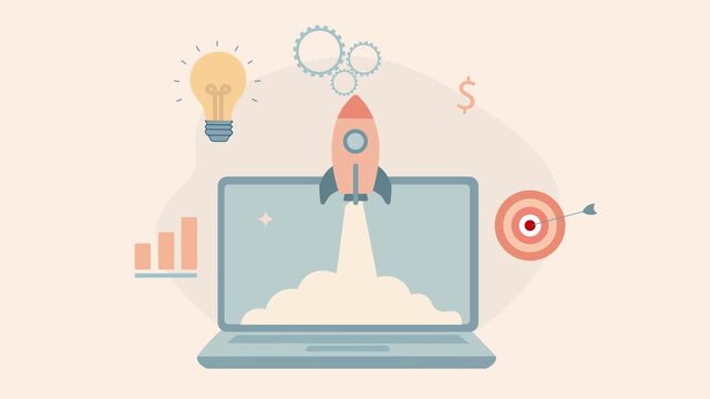 Online Business Startup Launch. Flat design animation of a rocket launching from a laptop screen, surrounded by icons of a lightbulb, gears, a target, and . business innovation, entrepreneurship 