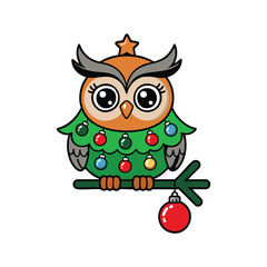 Cute Christmas Owl in a Tree Costume, Holiday Owl with Christmas Lights and Star, Cartoon Christmas Tree Owl, illustration, vector.