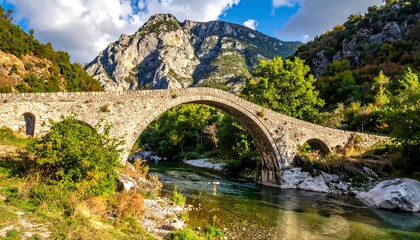 An ancient stone bridge arches over a flowing river with green foliage, with mountains rising into a blue sky