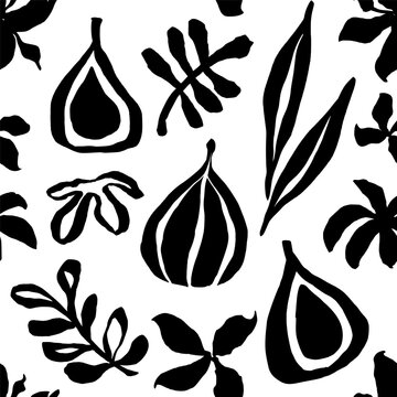 Seamless pattern with abstract botanical cutout elements featuring figs and leaves. Decorative black and white freeform illustration perfect for modern design projects.