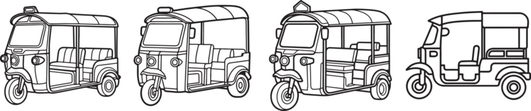 set of Tuk Tuk Vehicle line art, coloring book page line art drawing, vector and illustration