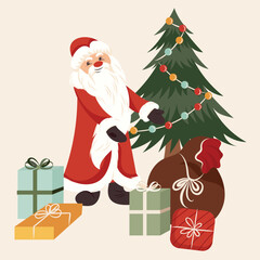 Santa claus with gift boxes and christmas tree.