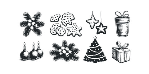 Hand-drawn black and white Christmas holiday icons collection