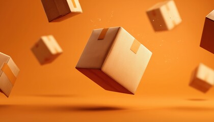 Paper Boxes In Motion: Parcels Falling And Flying On Orange Background. Shopping Online And Home Delivery Services Available.