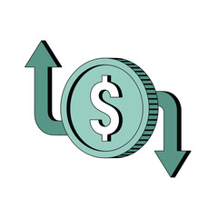 A single dollar coin representing financial growth and decline with up and down arrows illustrating market volatility isolated on white background