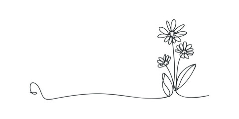 Continuous line drawing of blooming flowers and leaves