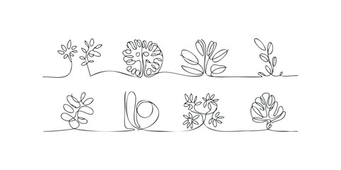 Abstract continuous line drawings of diverse plant foliage