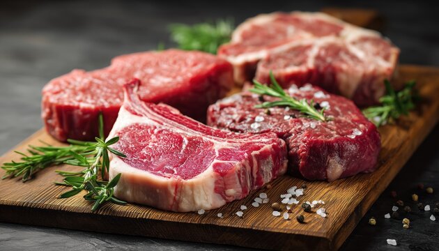 Assorted Raw Beef Steaks For Grilling: Tomahawk, Ribeye, Ossobuco, And T-Bone On Wood Platter With Seasoning