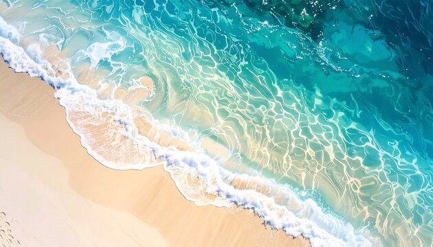 Aerial view of a tropical beach. Turquoise waters meet white sand. Gentle waves create foamy patterns as they break on the shore, showing texture
