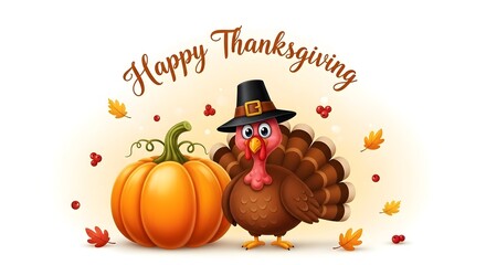 Happy thanksgiving cartoon turkey and pumpkin isolated on white background