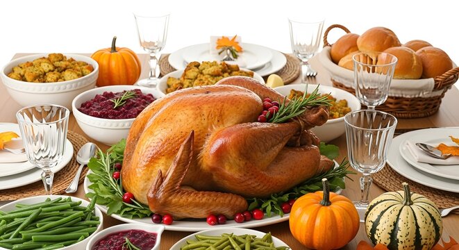 Closeup of a roasted turkey and thanksgiving side dishes