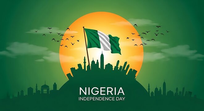 Nigeria flag waving over city skyline at sunset with birds flying independence