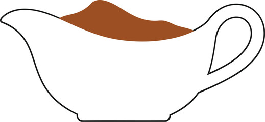 Elegant gravy boat filled with rich savory sauce simple outline illustration vector