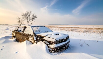 An abandoned, snow-covered car sits in a vast, wintry field under a partly cloudy sky, bare trees in background