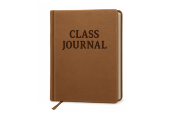 Brown class journal with bookmark on transparent background