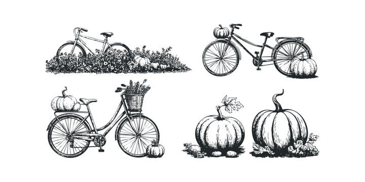 Fototapeta Vintage bicycle with pumpkins and floral basket