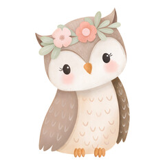 Watercolor cute owl with flower crown illustration
