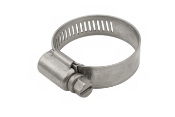 Stainless steel worm drive hose clamp against transparent background
