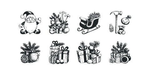 Collection of holiday icons featuring Santa and festive gifts