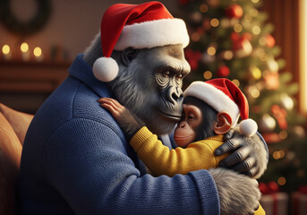 Heartwarming photographic style portrait of an anthropomorphic gorilla father and son in santa hats hugging