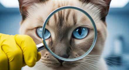 Veterinary photographic concept of a cat's eye being examined with a magnifying glass by a doctor