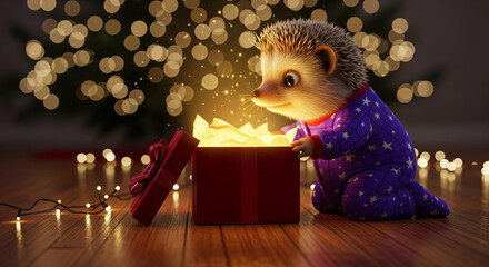 Magical photographic style scene of an anthropomorphic baby hedgehog in pajamas opening a glowing christmas gift