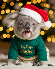 Cute photographic style portrait of an anthropomorphic baby koala celebrating his first christmas in a santa hat