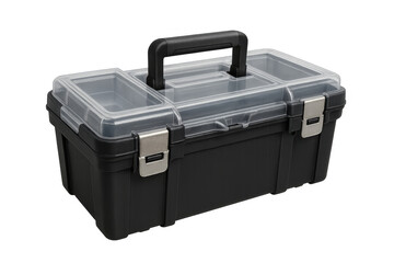 Black plastic toolbox with clear top organizer compartments