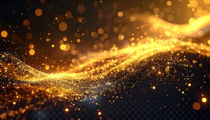 Abstract golden wave of light particles against a dark background with bokeh effect. The bottom is semi-transparent