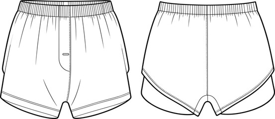Athletic shorts technical fashion sketch, elastic waistband, curved hem, front and back view, running wear design, CAD drawing flat vector illustration