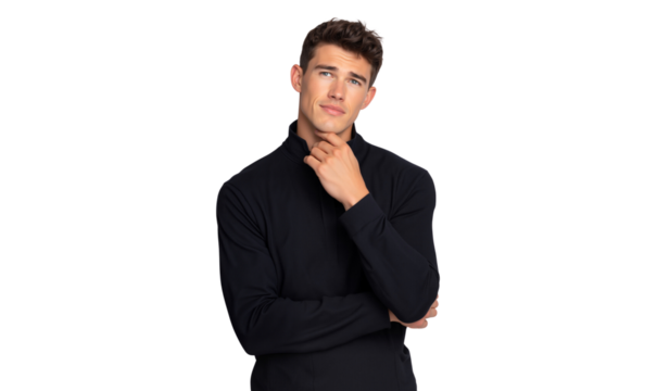 Thoughtful handsome young man in black turtleneck, hand on chin, looking up, isolated on white background