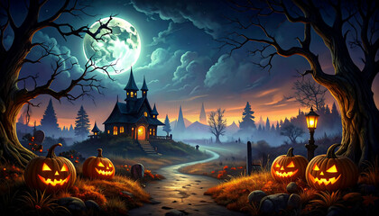 paysage Halloween effrayant, maison hantée la nuit, citrouille, lune, arbre
