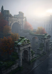 Ancient Stone Ruins in a Misty Autumn City