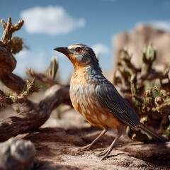 Fototapeta premium A bird standing near a desert bush or a twisted cactus, natural light