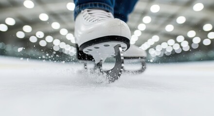 Closeup of a white ice skate blade gliding on a frozen ice rink surface