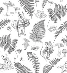 Fototapeta premium Seamless pattern with ferns, mushrooms and animals. Vector illustration