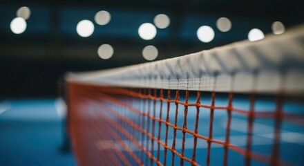 Closeup of a badminton net with blurred lights in the background