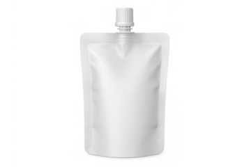 White spout pouch packaging mockup standing on transparent background